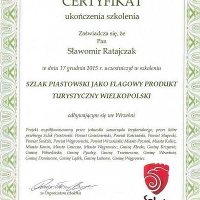 Certyfikat ukończenia szkolenia - Szlak Piastowski jako flagowy produkt